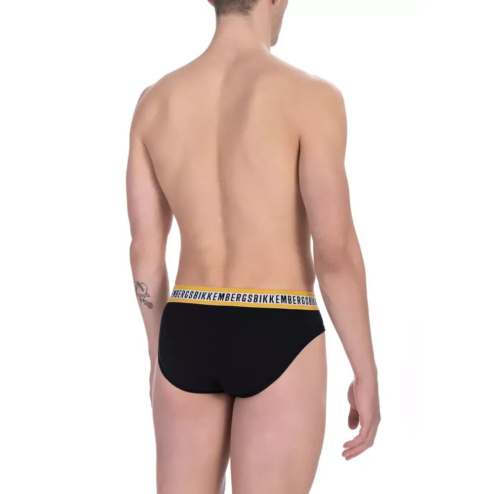 Back view of Bikkembergs "Black Cotton Men Brief Pack" showcasing sleek style and comfort in classic black.