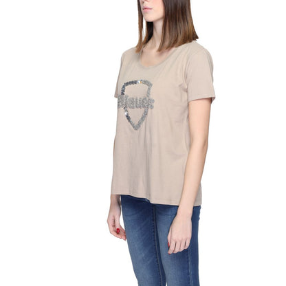 Blauer Beige Cotton T-Shirt with Blauer logo, short sleeves and round neckline, modeled against white background.