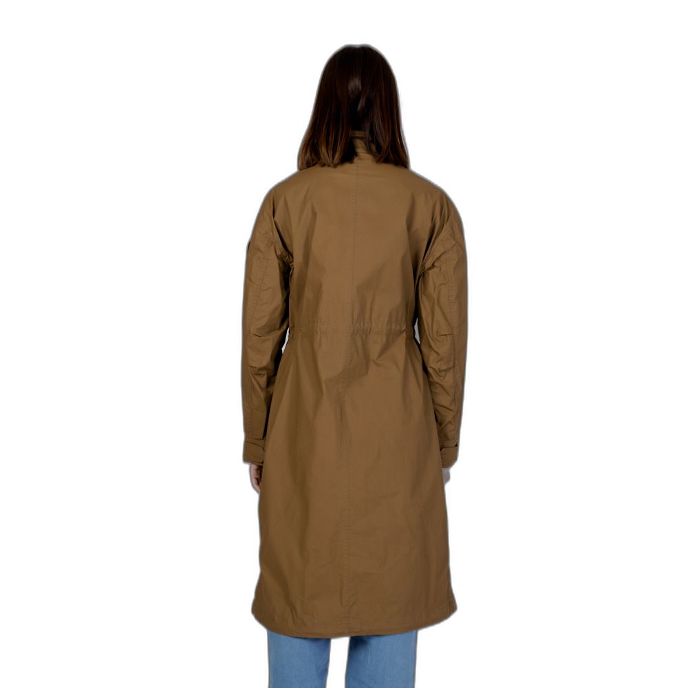 Back view of a woman wearing the Blauer Green Cotton Parka, showcasing its long design and adjustable waist drawstring for optimal fit.