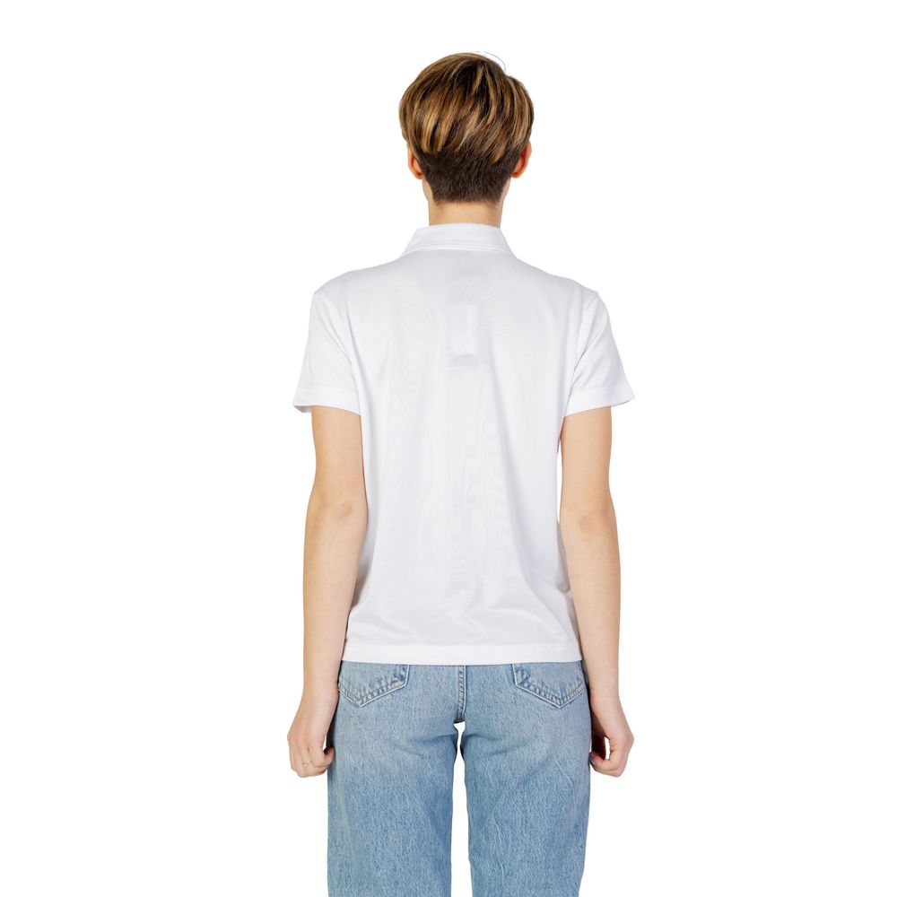 Back view of Blauer White Polyester T-Shirt on woman, casual short-sleeved design with classic collar for modern comfort and style.