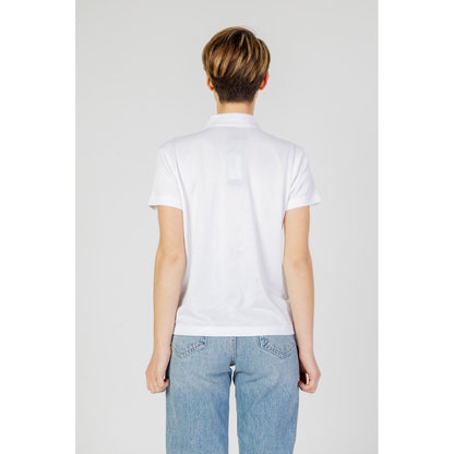 Back view of woman wearing Blauer White Polyester T-Shirt with classic collar and short sleeves, showcasing modern comfort and style.
