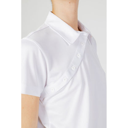 Blauer White Polyester T-Shirt for women with button closure and classic collar, highlighting modern comfort and style.