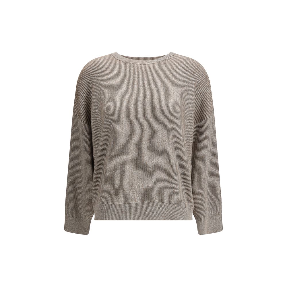 Brunello Cucinelli Beige Cotton Sweatshirt with ribbed design and crew neck, offering a refined and elegant style with lurex shimmer.