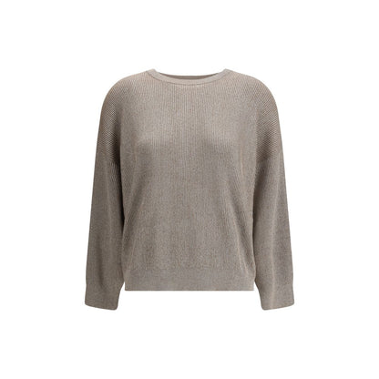 Brunello Cucinelli Beige Cotton Sweatshirt with ribbed design and crew neck, offering a refined and elegant style with lurex shimmer.