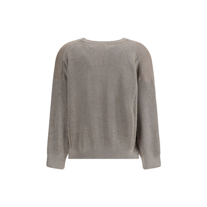 Back view of Brunello Cucinelli Beige Cotton Sweatshirt with ribbed design and crew neck for elegant everyday wear.