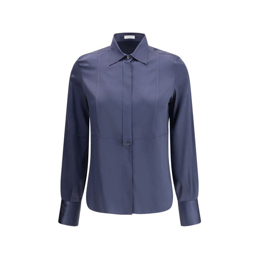 Brunello Cucinelli Blue Silk Blouse showcasing satin elegance and monile embroidery details, AW25 collection.