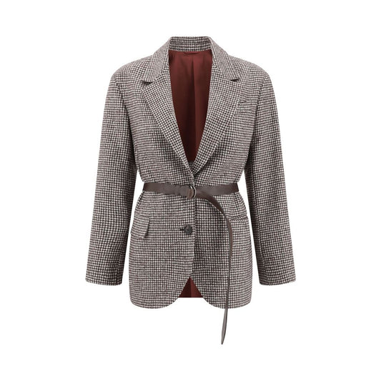 Brunello Cucinelli Brown Wool Blazer with classic lapel and adjustable leather belt detail, featuring a sleek single-breasted front.