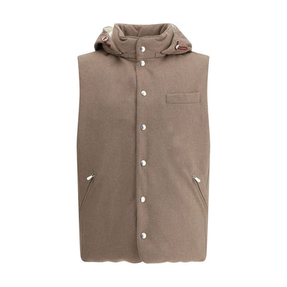 Brunello Cucinelli Brown Wool Clothing high-necked vest with removable hood, zipper pockets, and snap-button closure, Season AW25.