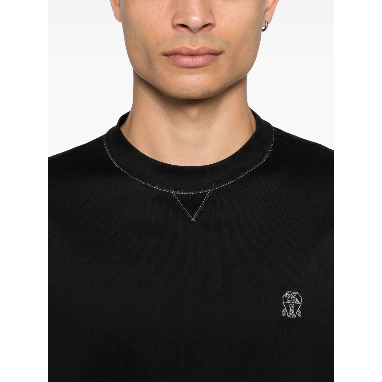 Brunello Cucinelli Crew neck T-shirt in cotton jersey with logo and faux layering Topwear