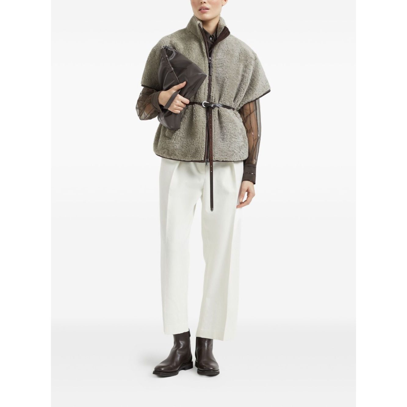 Brunello Cucinelli Curly Shearling Short Sleeve Outerwear with Shiny Zipper Pull Jackets