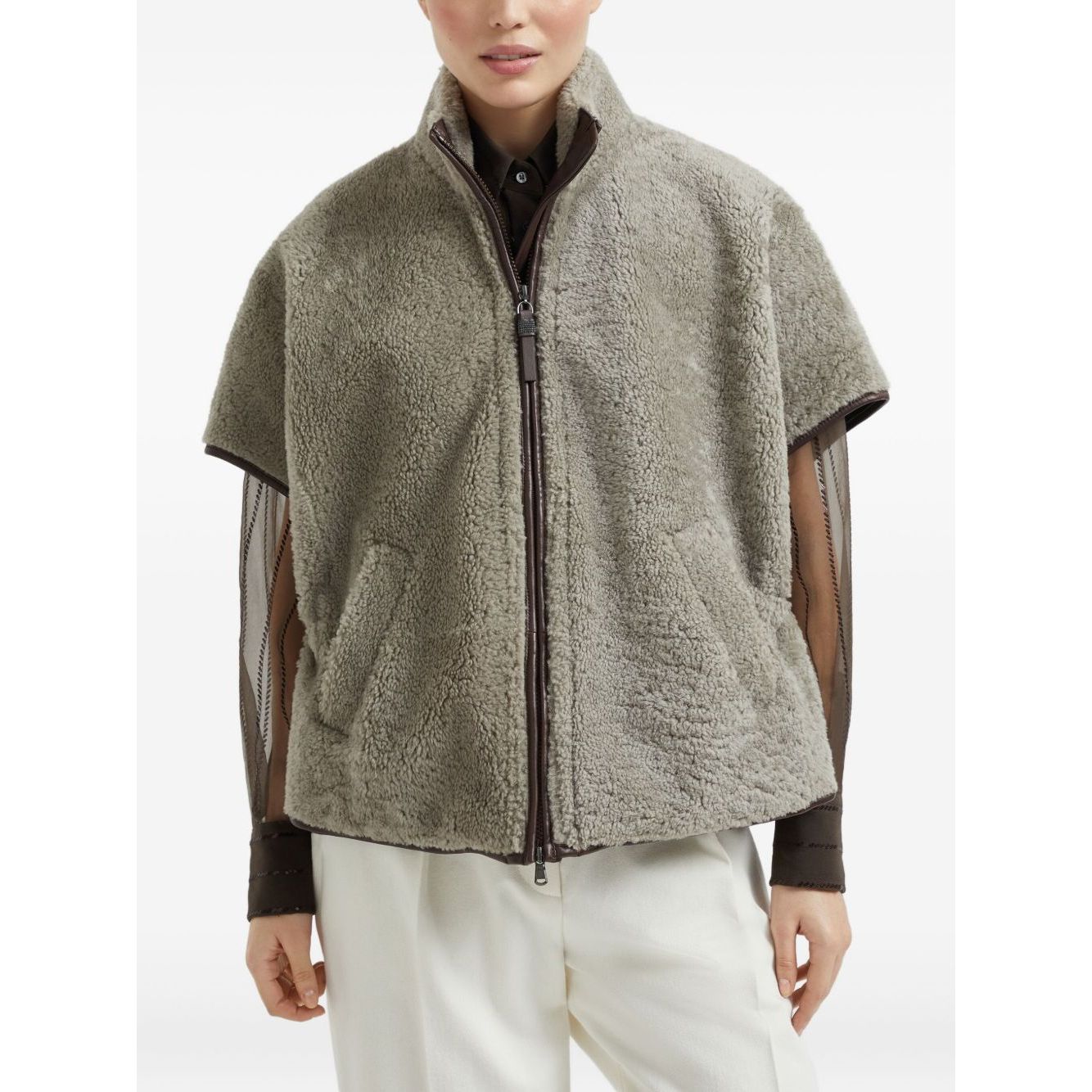 Brunello Cucinelli Curly Shearling Short Sleeve Outerwear with Shiny Zipper Pull Jackets