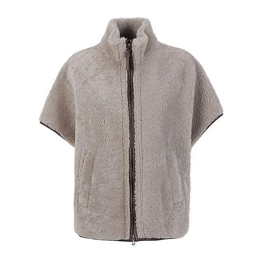 Brunello Cucinelli Curly Shearling Short Sleeve Outerwear with Shiny Zipper Pull Jackets