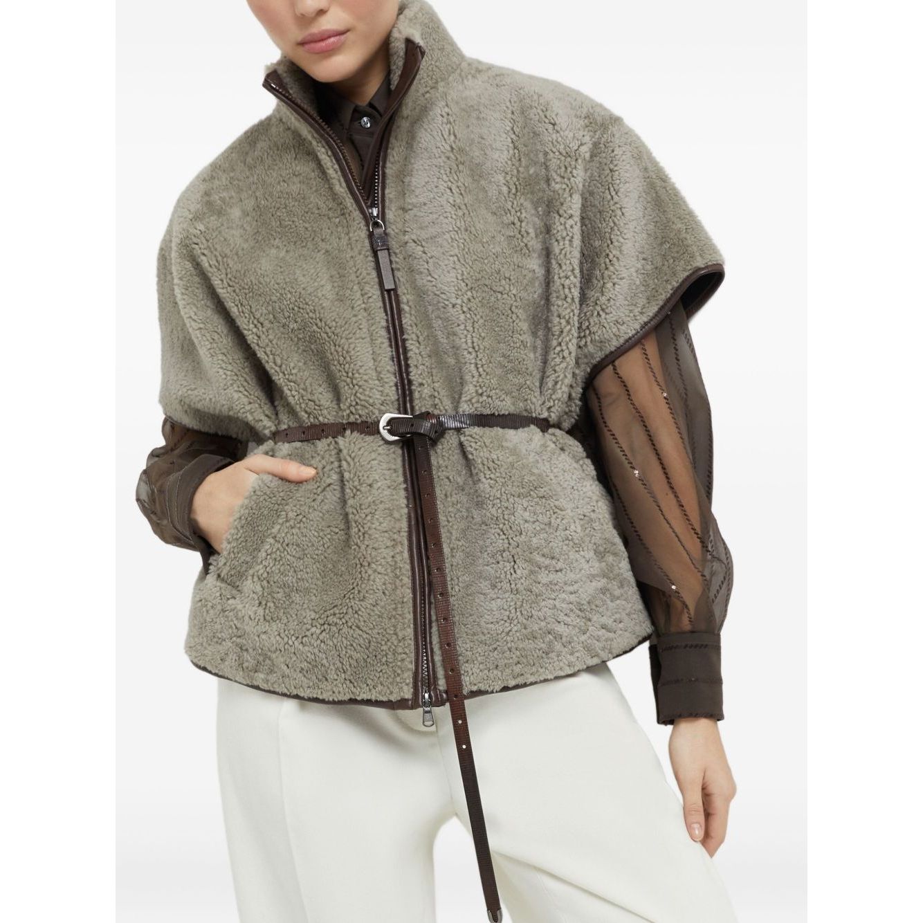 Brunello Cucinelli Curly Shearling Short Sleeve Outerwear with Shiny Zipper Pull Jackets