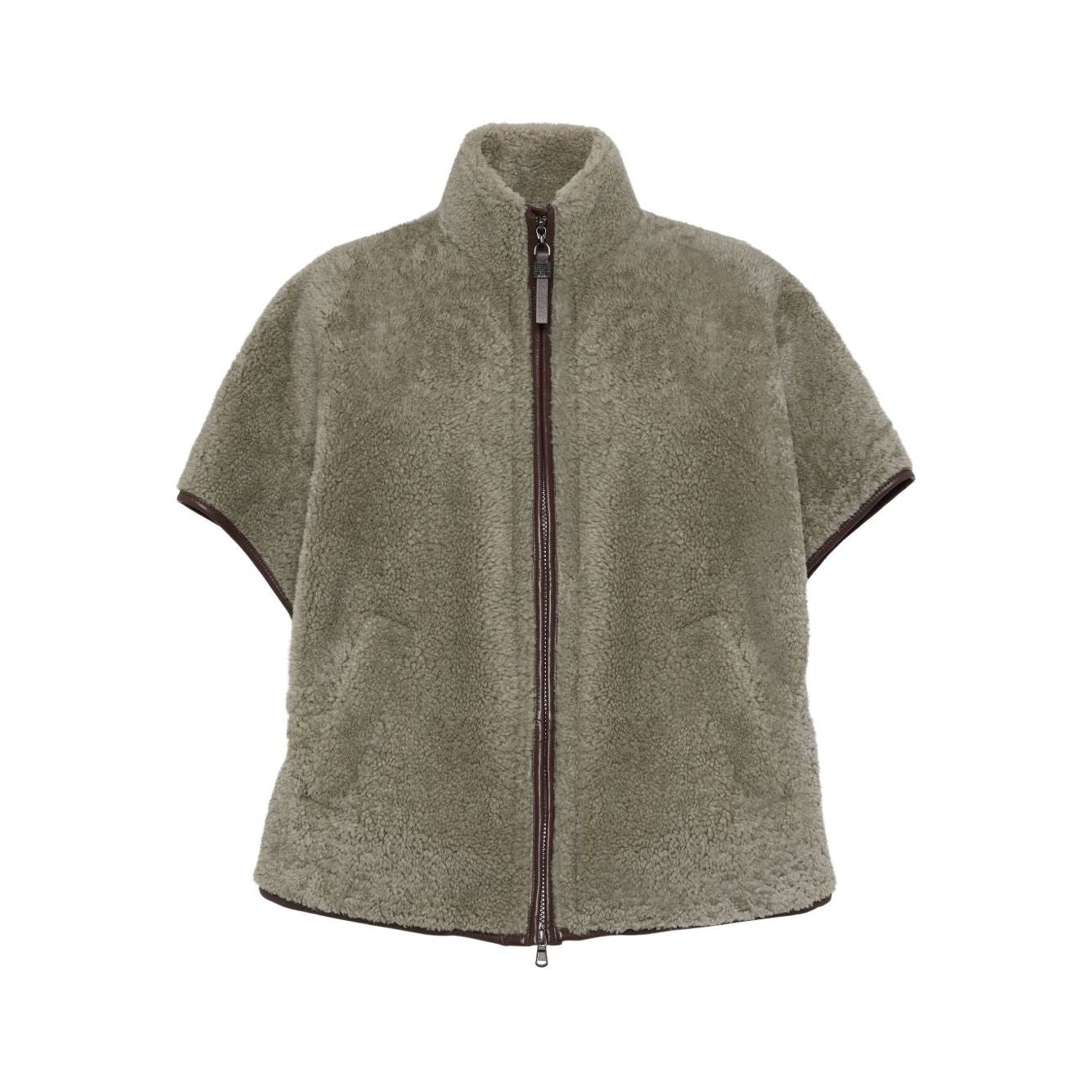 Brunello Cucinelli Curly Shearling Short Sleeve Outerwear with Shiny Zipper Pull Jackets