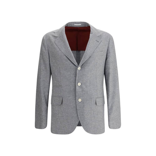 Brunello Cucinelli Gray Cashmere Clothing, elegant cashmere and silk blazer with horn buttons and traditional lapels.