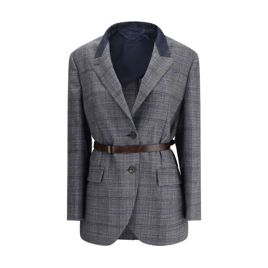 Brunello Cucinelli Gray Fleece Wool Blazer with Prince of Wales pattern and denim collar detail