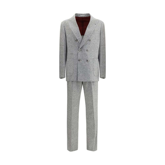 Brunello Cucinelli Gray Wool Two-Piece Suit with peaked lapels and six-button closure, showcasing refined craftsmanship and elegance.