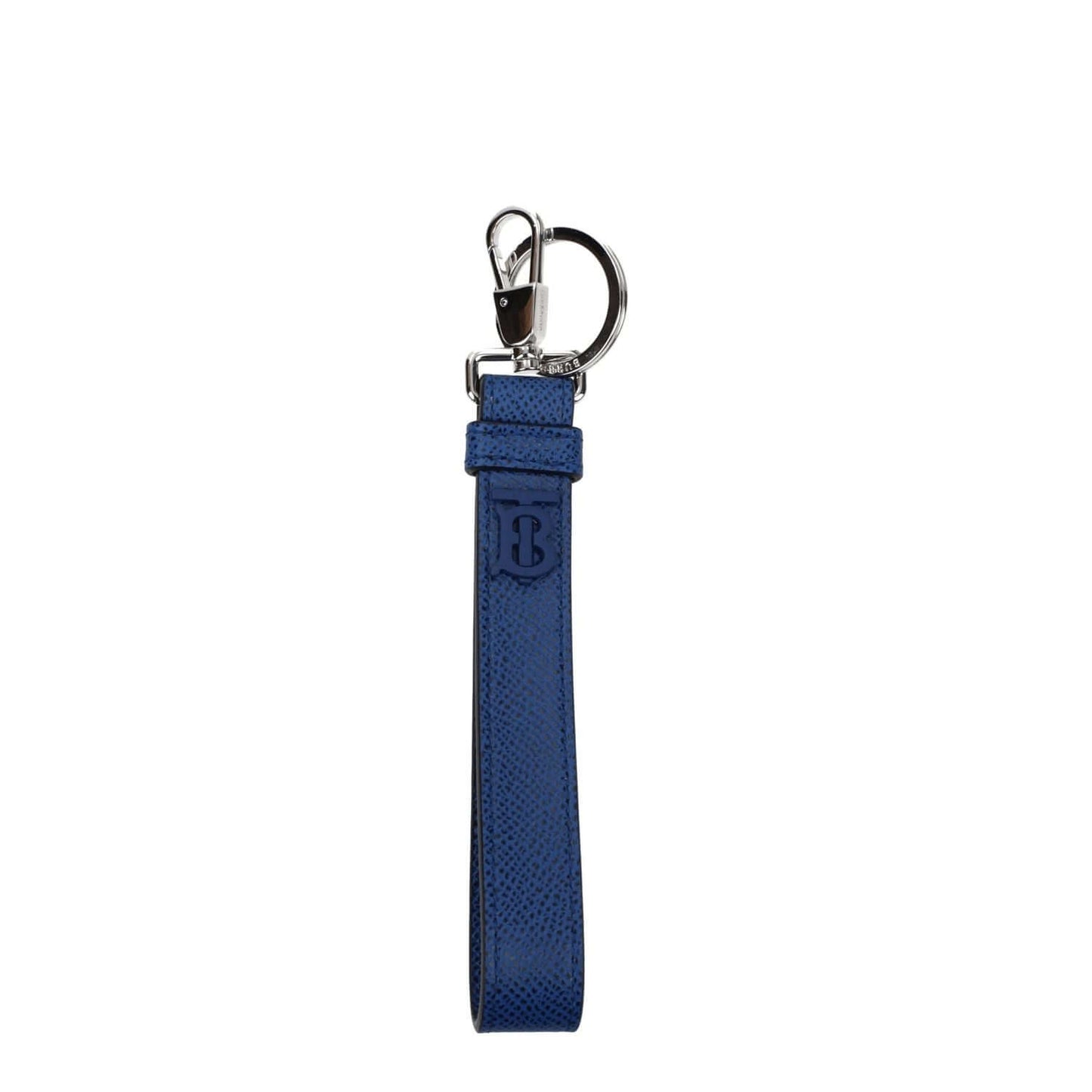 Burberry Blue Leather Keychain featuring front logo, casual style, and clips closure, made from blue leather. Measures 2x13.5 cm.