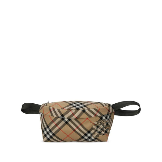 Burberry Vintage check belt bag in archival beige with signature equestrian knight motif, front zip, adjustable strap. Width 12,99 in.