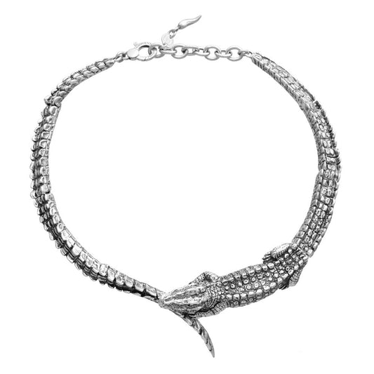 COLLANE RASPINI MOD. 12265 silver necklace with alligator design featuring intricate details and adjustable closure.