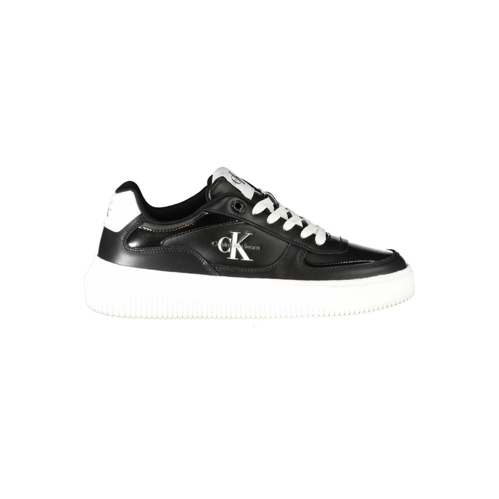 Calvin Klein Black Polyester Sneaker with logo, recycled thermoplastic rubber sole, sports shoe design, and contrast details.