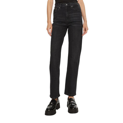 Woman wearing Calvin Klein Jeans Black Cotton Mom Jeans, high-rise straight leg design, perfect fit for stylish and modern look.