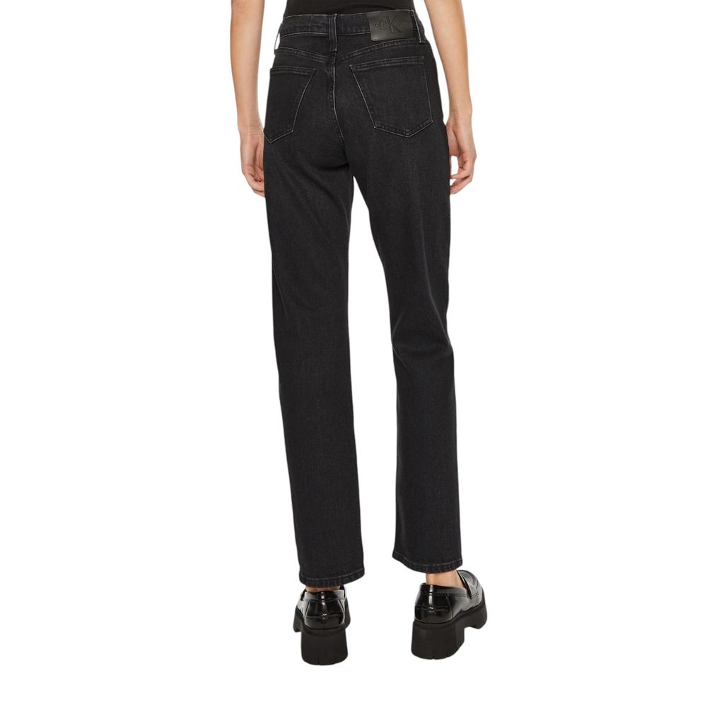 Back view of Calvin Klein Jeans Black Cotton Mom Jeans, high rise straight leg design, women's fashion clothing.