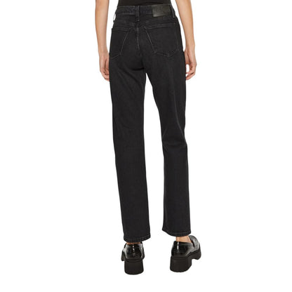 Back view of Calvin Klein Jeans Black Cotton Mom Jeans, high rise straight leg design, women's fashion clothing.