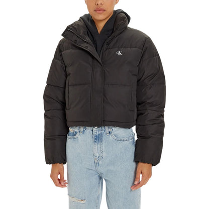 Calvin Klein Jeans Black Polyester Coat, cropped puffer jacket with high collar, designed for warmth and style