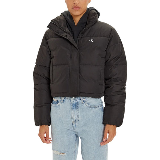 Calvin Klein Jeans Black Polyester Coat, cropped puffer jacket with high collar, designed for warmth and style
