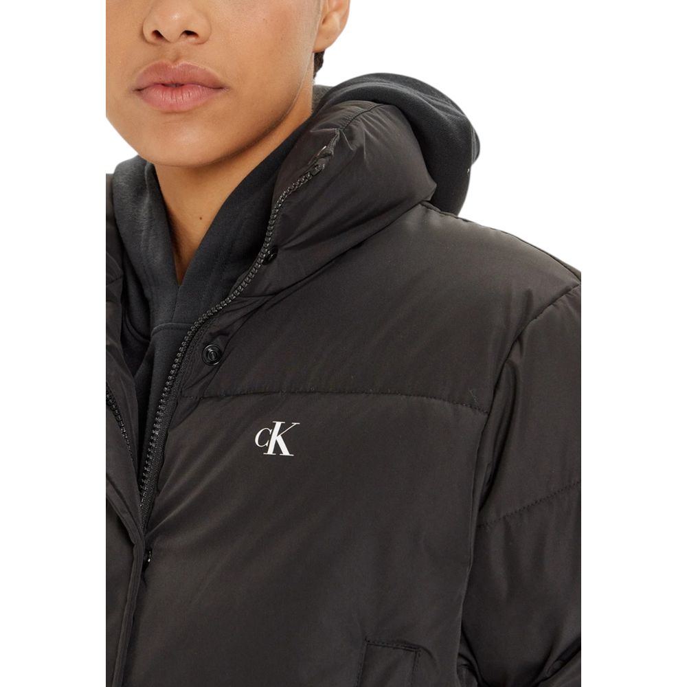 Calvin Klein Jeans Black Polyester Coat with a high collar and button closure, featuring CK logo detail on a matte cropped puffer design.