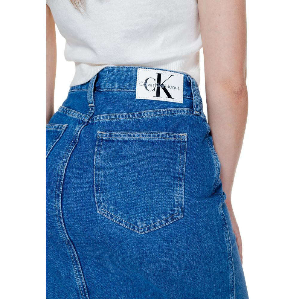 Back view of Calvin Klein Jeans Blue Cotton Long Skirt with pocket and logo detail.