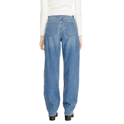 Back view of Calvin Klein Jeans Blue Cotton Relaxed Fit Jeans showcasing high-rise and loose fit on model.