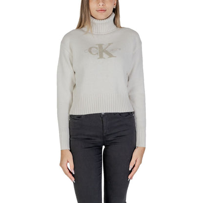 Calvin Klein Jeans Cream Cotton Turtleneck with CK logo on woman