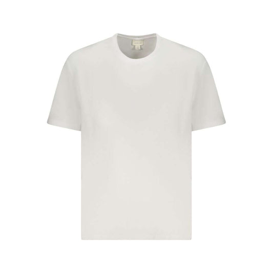 Calvin Klein White Cotton Men T-Shirt, sleek short-sleeved crew neck tee with iconic logo and intricate embroidery, casual elegance.