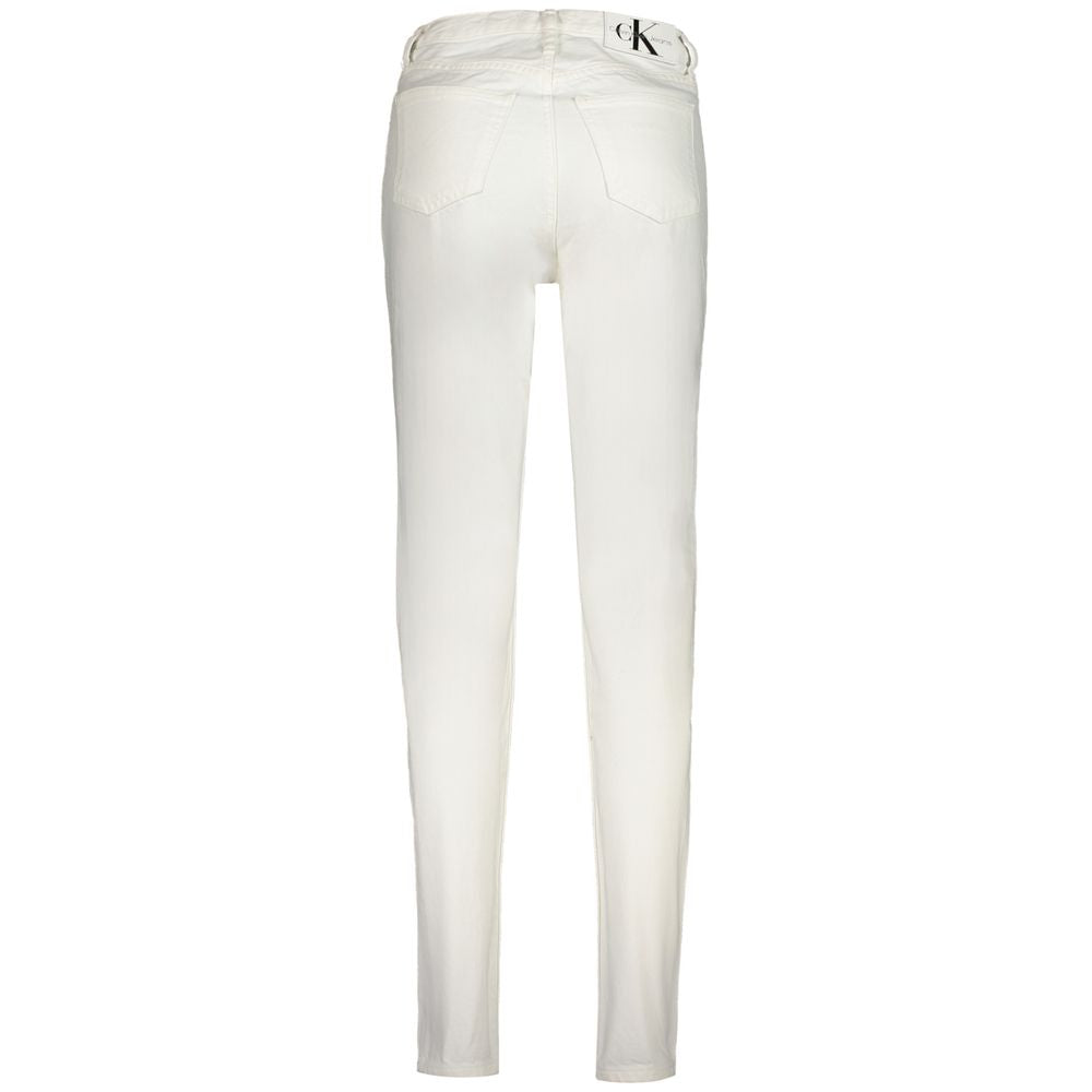 Back view of Calvin Klein White Cotton Women Jeans featuring 5-pocket design with logo detail.