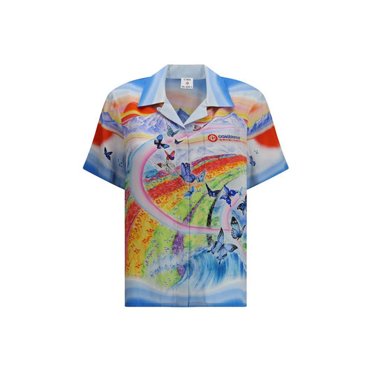 Casablanca Multicolor Silk Pattern Shirt with landscape and butterfly design, light blue, short sleeves, oversize fit, 100% silk.