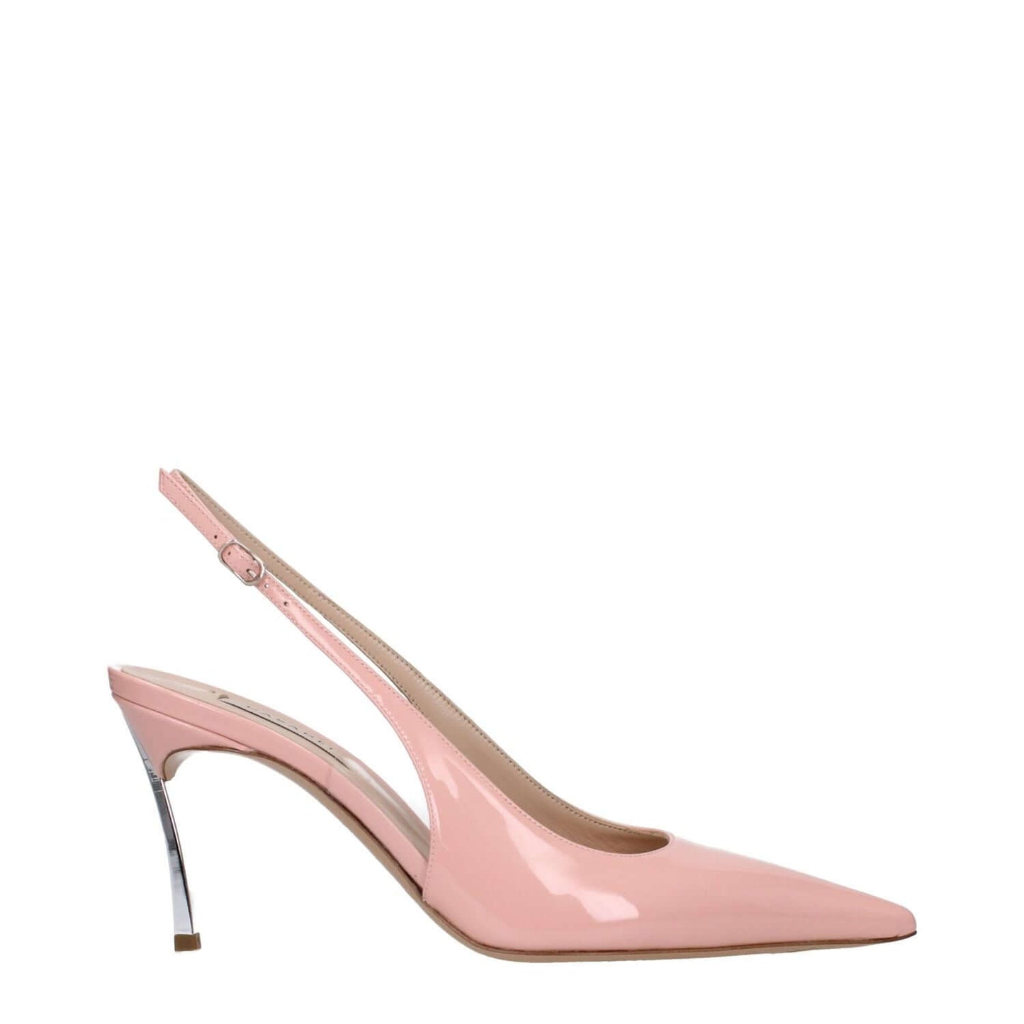 Casadei Pink Leather High Heel Pumps with buckle closure and silver details, 8.5 cm mid heel, pointy toe design.