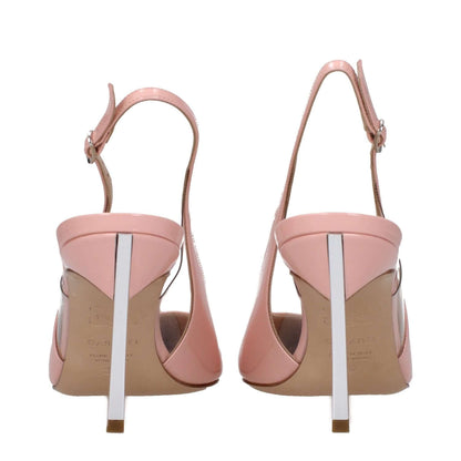 Back view of Casadei Pink Leather High Heel Pumps with silver buckle closure and leather sole.