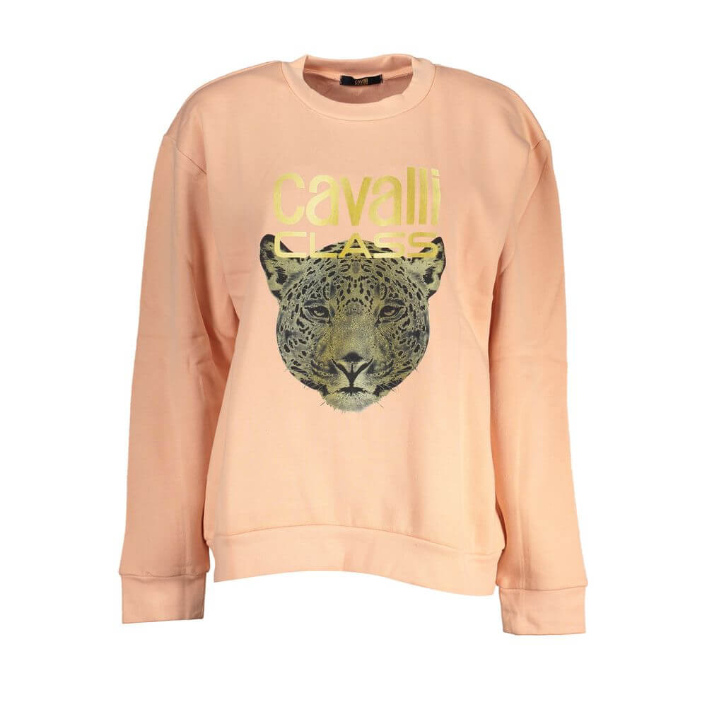 Cavalli Class Pink Cotton Women Sweater with bold logo and playful print, crafted in Italy for high-end casual chic style.