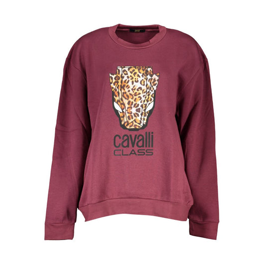 Cavalli Class Purple Cotton Sweatshirt with long sleeves, crew neck, and leopard print logo on fleece. Fashionable and stylish.