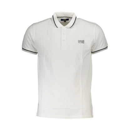 Cavalli Class White Cotton Men Polo Shirt with short sleeves and contrasting details, featuring an elegant design and Cavalli Class logo.