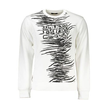 Cavalli Class White Cotton Men Sweater with striking print and logo, long sleeves, and crew neck design for style and comfort.