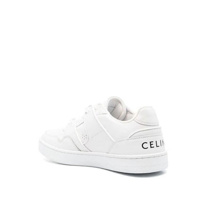 Celine White Calfskin Low Top Sneakers with branded back logo and side relief, featuring rubber sole and lace-up closure, made in Italy.