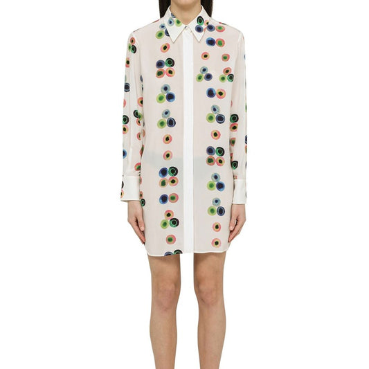Women's Chloé Chemisier Dress, 100% silk, multicolor print, long sleeves, curved hem, Italian-made fashion.
