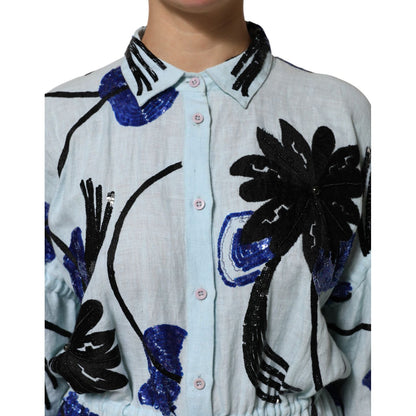 Christian Pellizzari Blue Sequin Embellished Shirt Maxi Dress