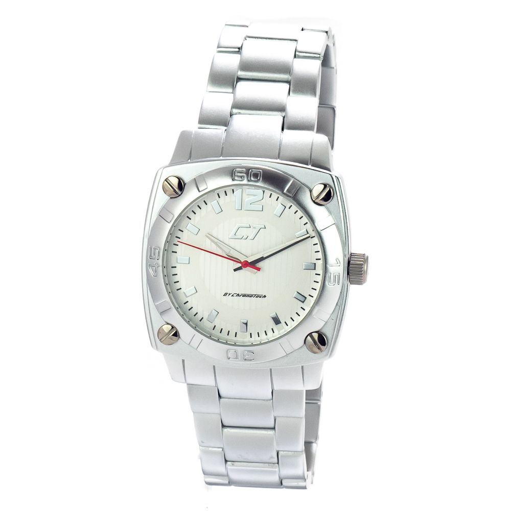 Chronotech Silver Aluminum Dress Watch with quartz mechanism, analog display, and mineral glass, featuring a silver dial and bracelet.