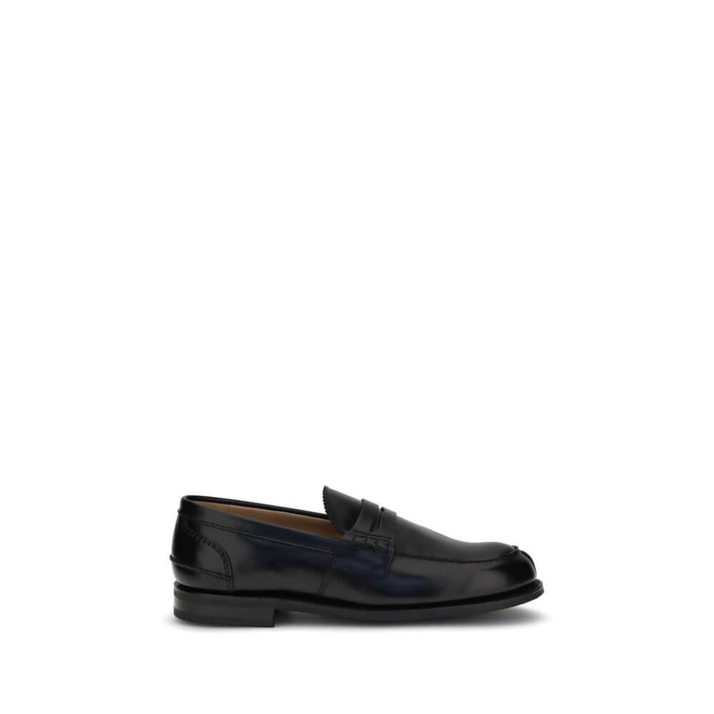 Church's Black Calf Leather Bos Taurus Slip-On Loafers, AW25 college style, with hand-stitched sides and smoked Bookbinder finish.