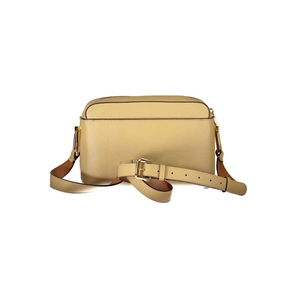 Coccinelle Beige Leather Handbag with adjustable strap, two external pockets, contrasting details, and swivel closure.
