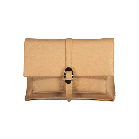 Beige leather clutch handbag with buckle closure on white background.